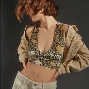 Urban outfitters Elegant Black and Gold tan Floral crop Top velvet tie back